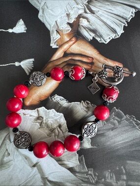 Red Beaded Toggle Bracelet with Silver Accents